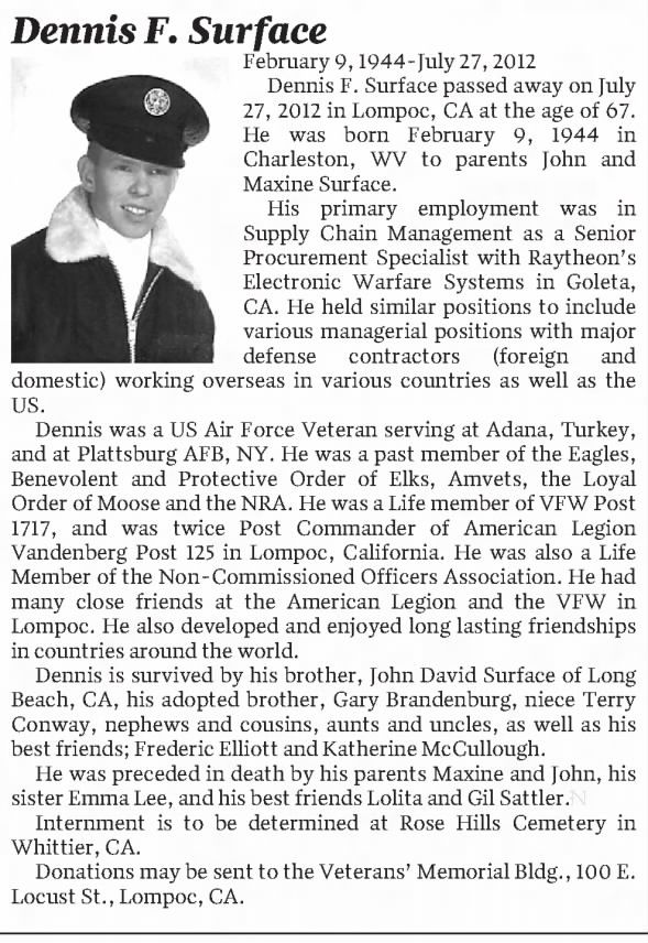 Obituary for Dennis F. Surface, 1944-2012 (Aged 67)